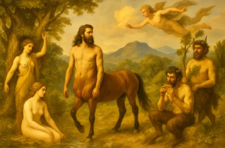 Pelion Dağı’nda bir kentaurun çevresinde oturan su perileri, ayakta duran doğa ruhları ve pan flüt çalan satirler; arka planda dağ ve orman manzarasıyla mitolojik bir sahne.